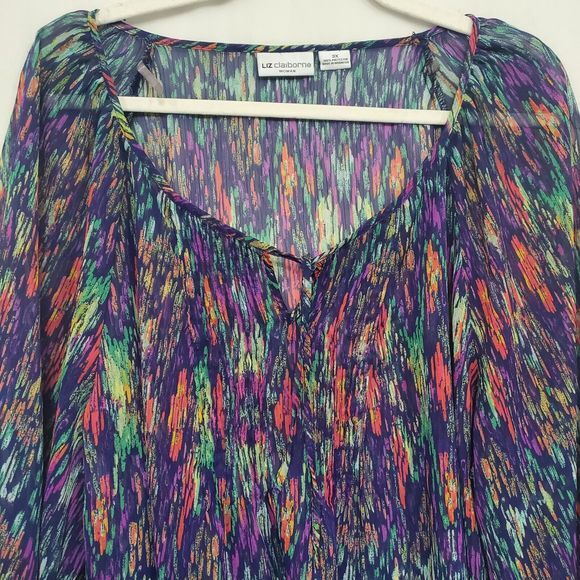 Liz‎ Claiborne Tunic Top Sheer Peasant Sleeve Multicolor Purple Women 3X Boho - Picture 6 of 8